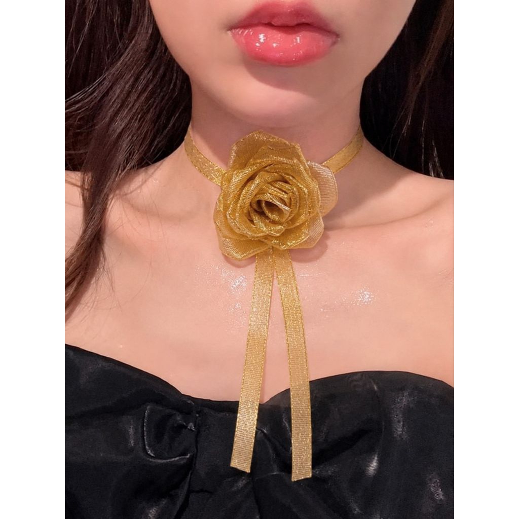 kalung choker wanita, kalung choker bunga, kalung choker bunga emas, kalung choker bunga perak