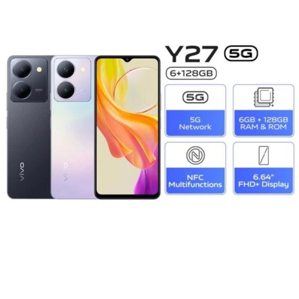 Vivo Y27 5G - Ponsel dengan 6GB RAM & 128GB ROM, Jaringan 5G, NFC, Layar FHD+ 6.64" - Smartphone Ter