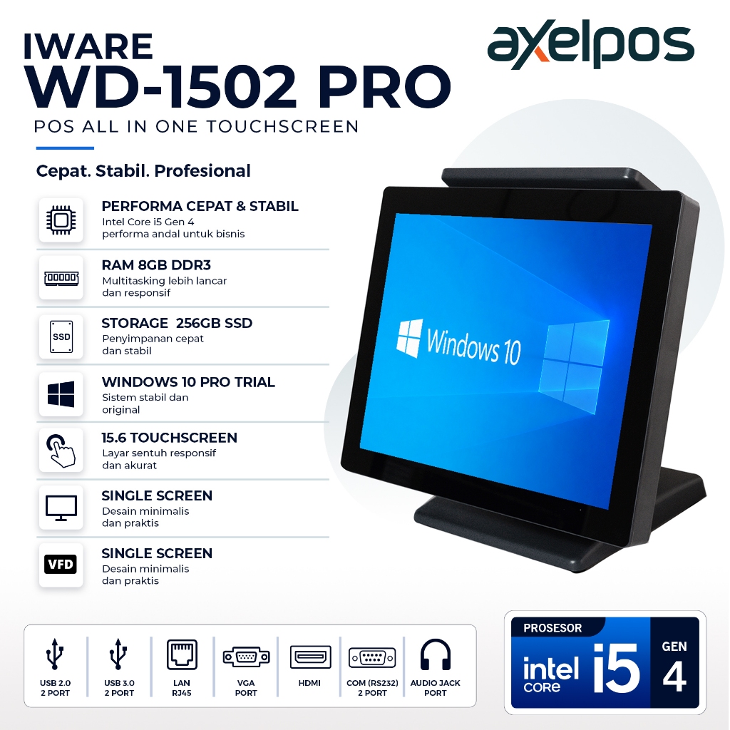 Axelpos Iware WD-1502 Pro Pos All in One Mesin kasir 15.6 Touchscreen Intel Core I5 Ram 8GB / SSD 25