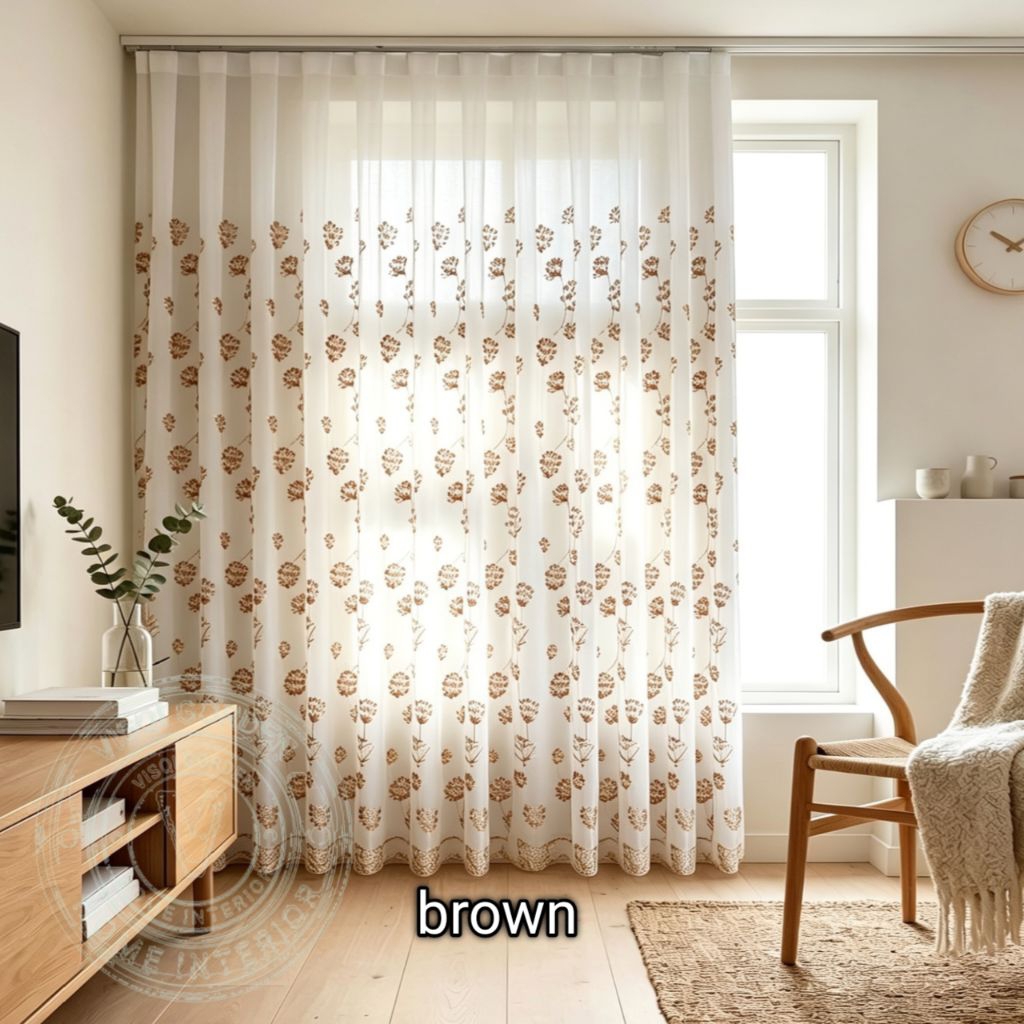Vitrase Gorden Bordir Premium KEMBANG Tirai Jendela Siang Varian Warna Gold Brown Green White