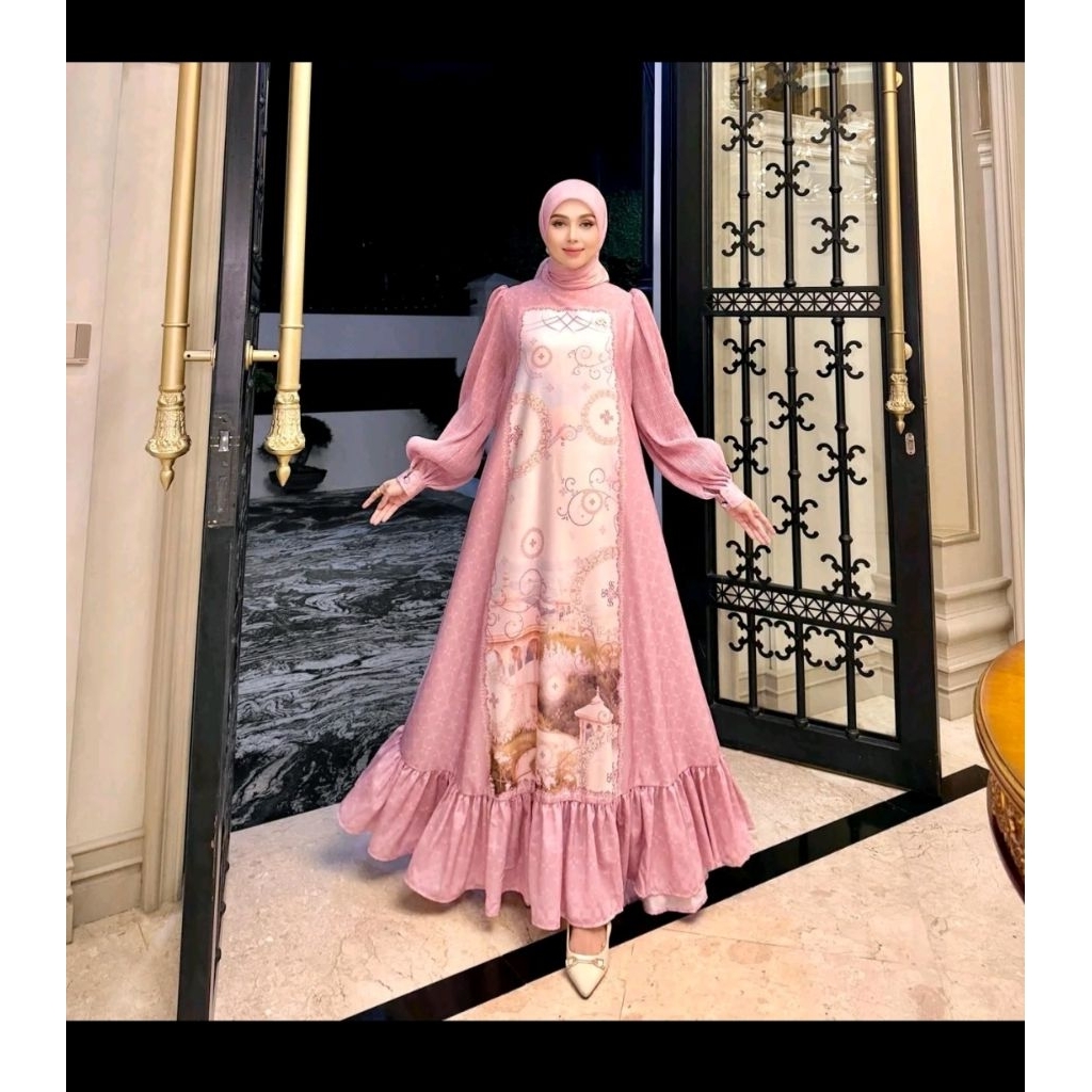 Shellasaukia Dress Set Hijab Flower Gamis Gradasi Baju Lebaran Kondangan Casual