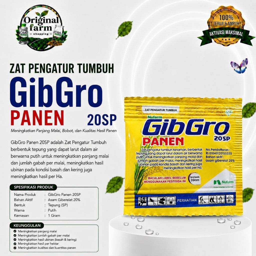 GibGro Panen 20SP (1g) adalah Zat Pengatur Tumbuh (ZPT) berbahan aktif asam giberelat 20%