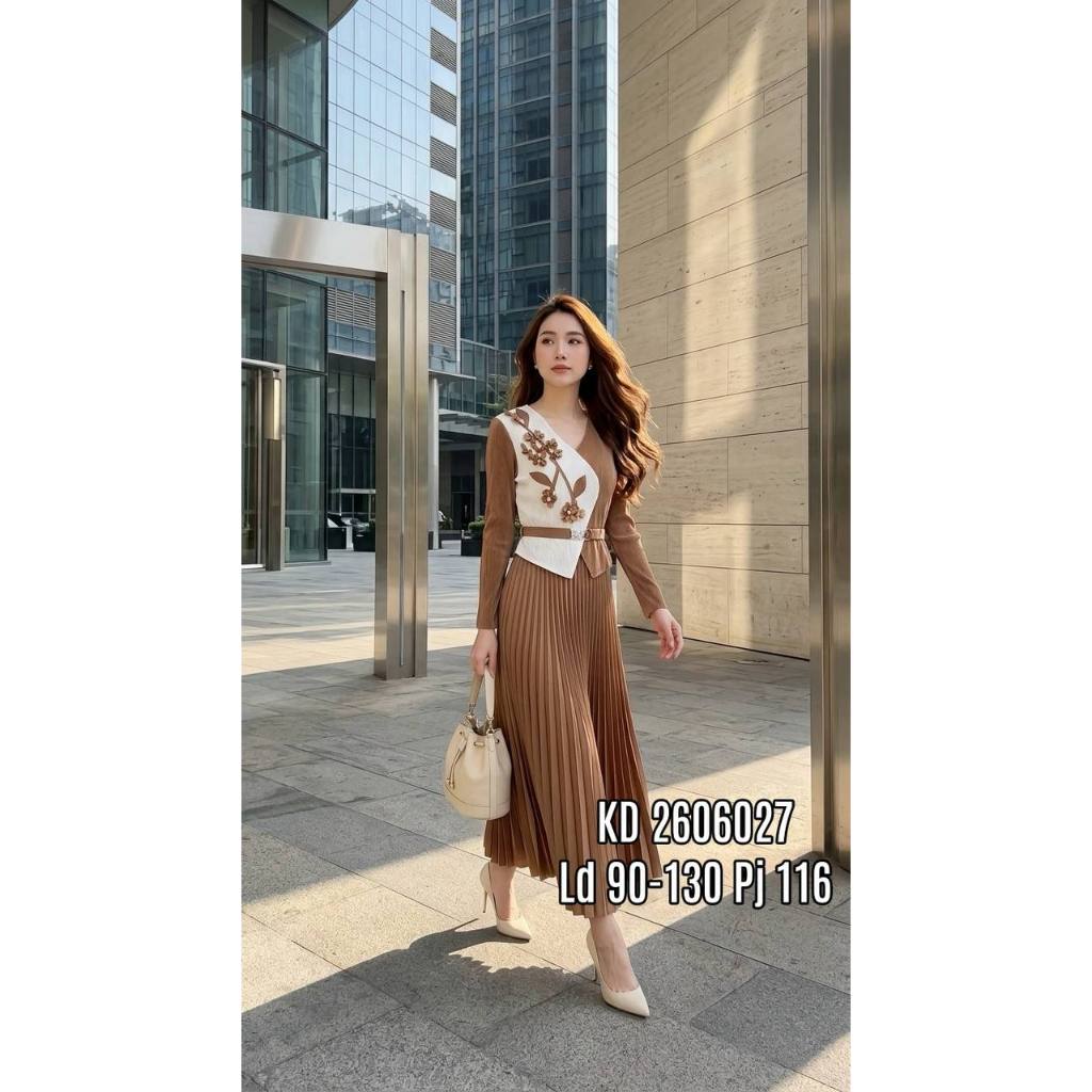DDC KD 2606027 Dres Plisket Wanita Mewah Cantik Prem Quality Panjang Dewasa Bunga 3D