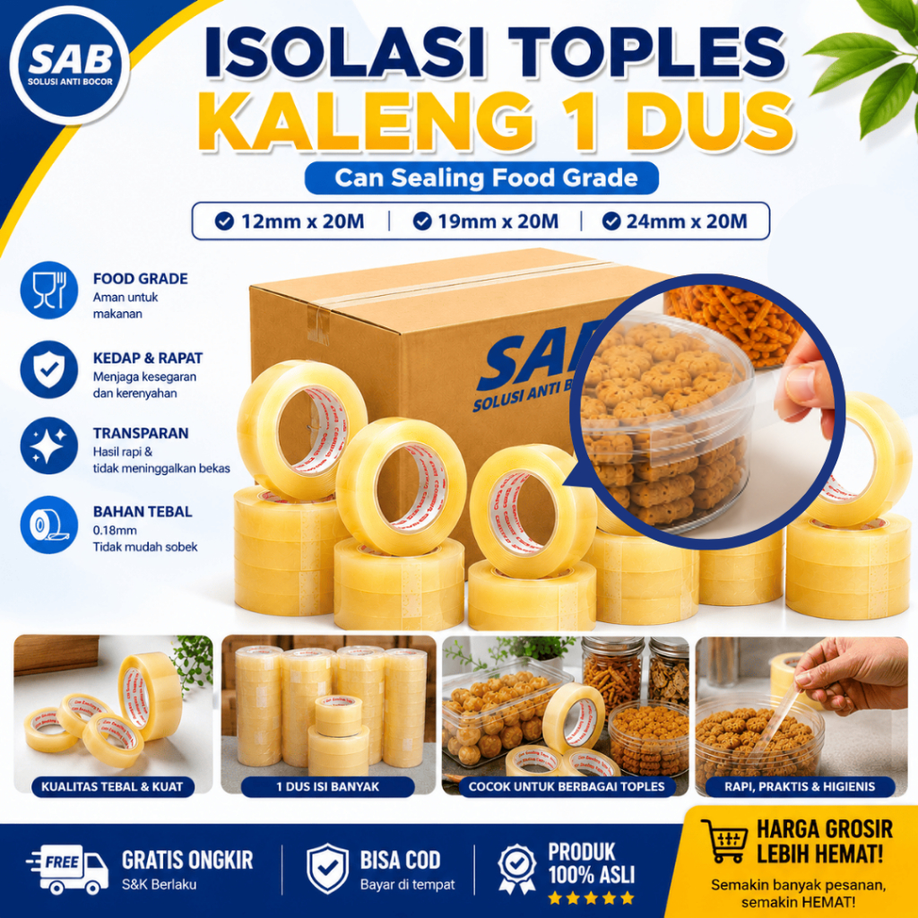 Hemat 1 DUS Can Sealing Tape Food Grade - Lakban Isolasi Toples Kue Kaleng Tanpa Bekas Lem