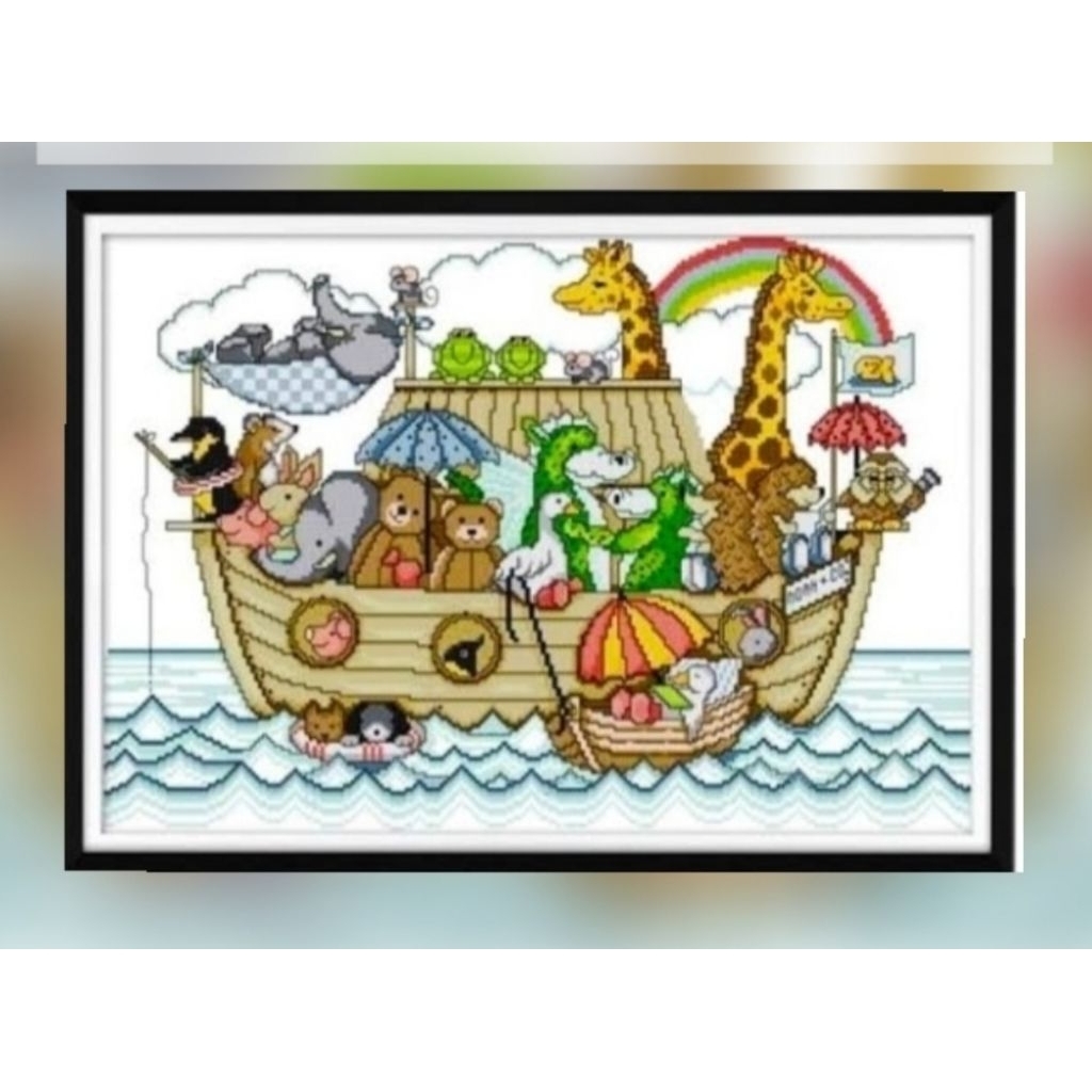 Paket kristik hewan bahtera nuh 14ct pola kain cross stitch