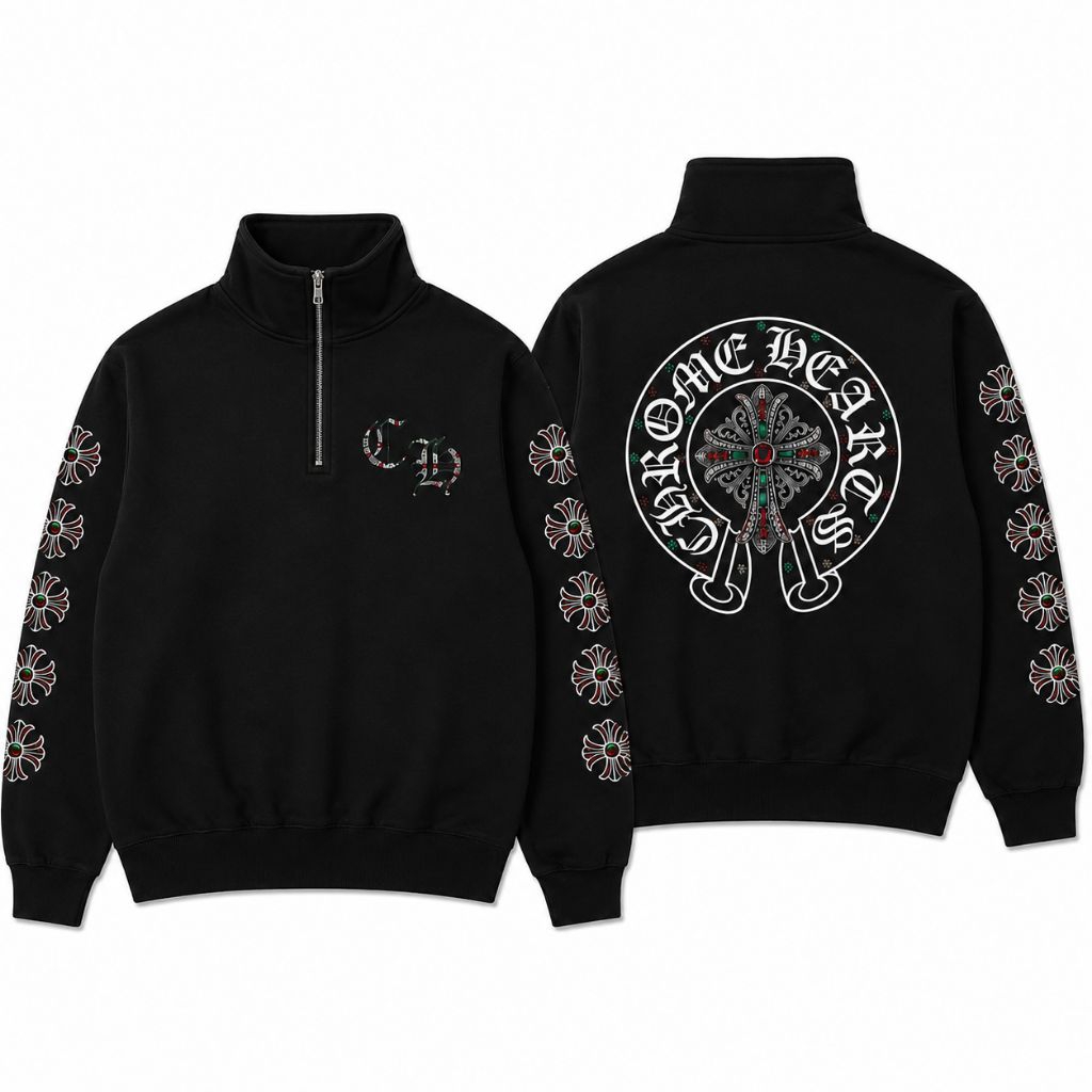 Jaket Half zipper Chrome Hearts Gothic Cross Floral Black Hoodie unisex