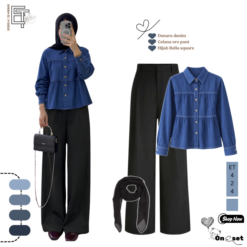 Oneset wanita kekinian - Blouse denara denim + Celana oro pant + Hijab bella square [ET424]