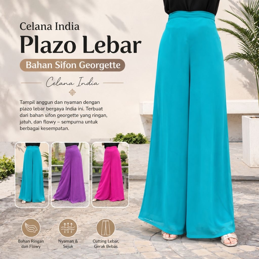 Celana India Plazo Lebar Bahan Sifon Georgette / Celana India