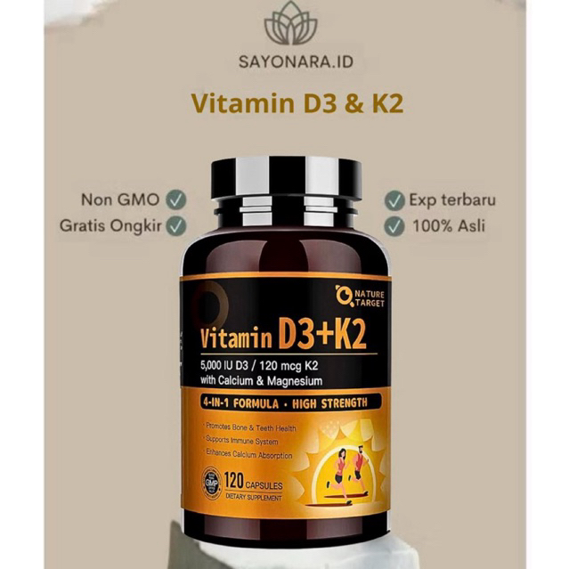 NATURE TARGET Vitamin D3 K2 with Calcium & Magnesium - Max Strength 4 in 1 Formula for Bone, Heart &