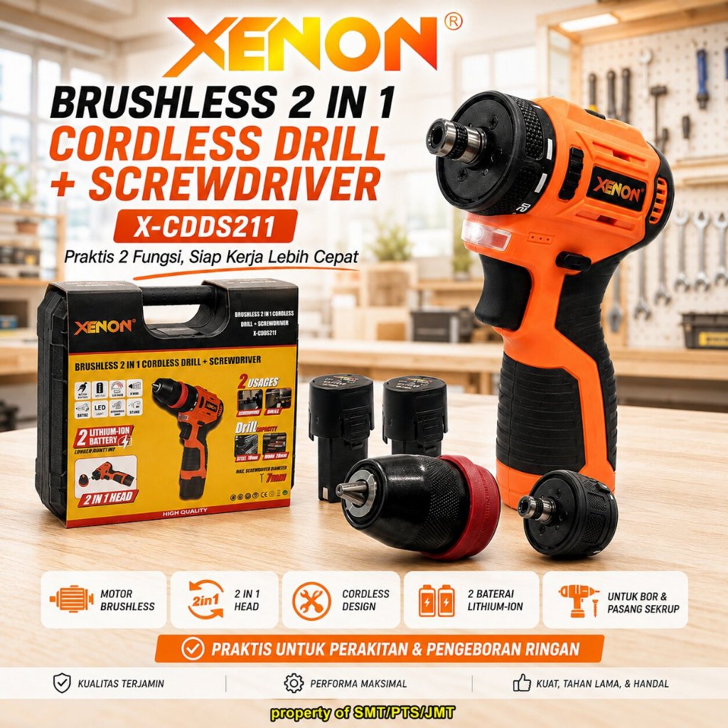 XENON CDDS2I1 Bor + Obeng Baterai 12V 1.5A 2 Fungsi Brushless 2 in 1 Cordless Drill + Screwdriver