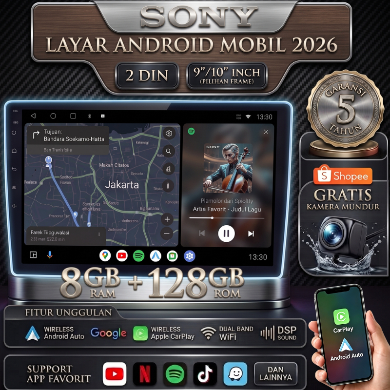 [BISA COD] Head Unit SONY Android14 - 9/10 Inch 8GB+128GB Layar Mobil Double Din FHD Full Touchscree