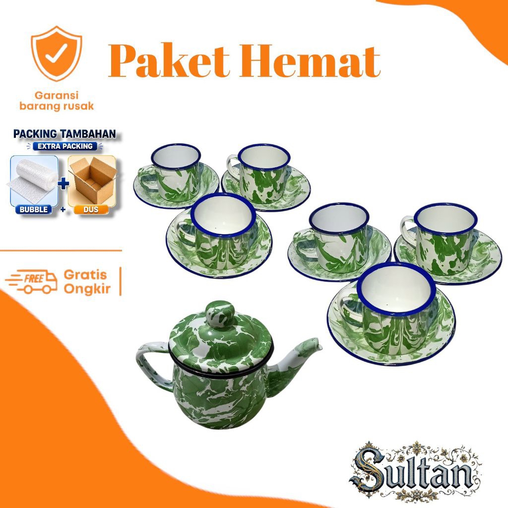 Paket Hemat Teko Enamel Motif Marmer Hijau + 6 Cangkir Tatakan | Set Teko Kopi Teh Vintage Enamel Fo