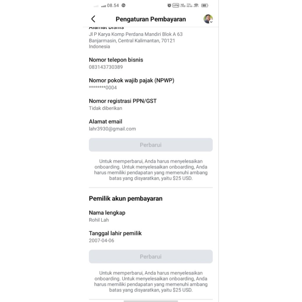 jasa akun pembayaran Facebook onbording