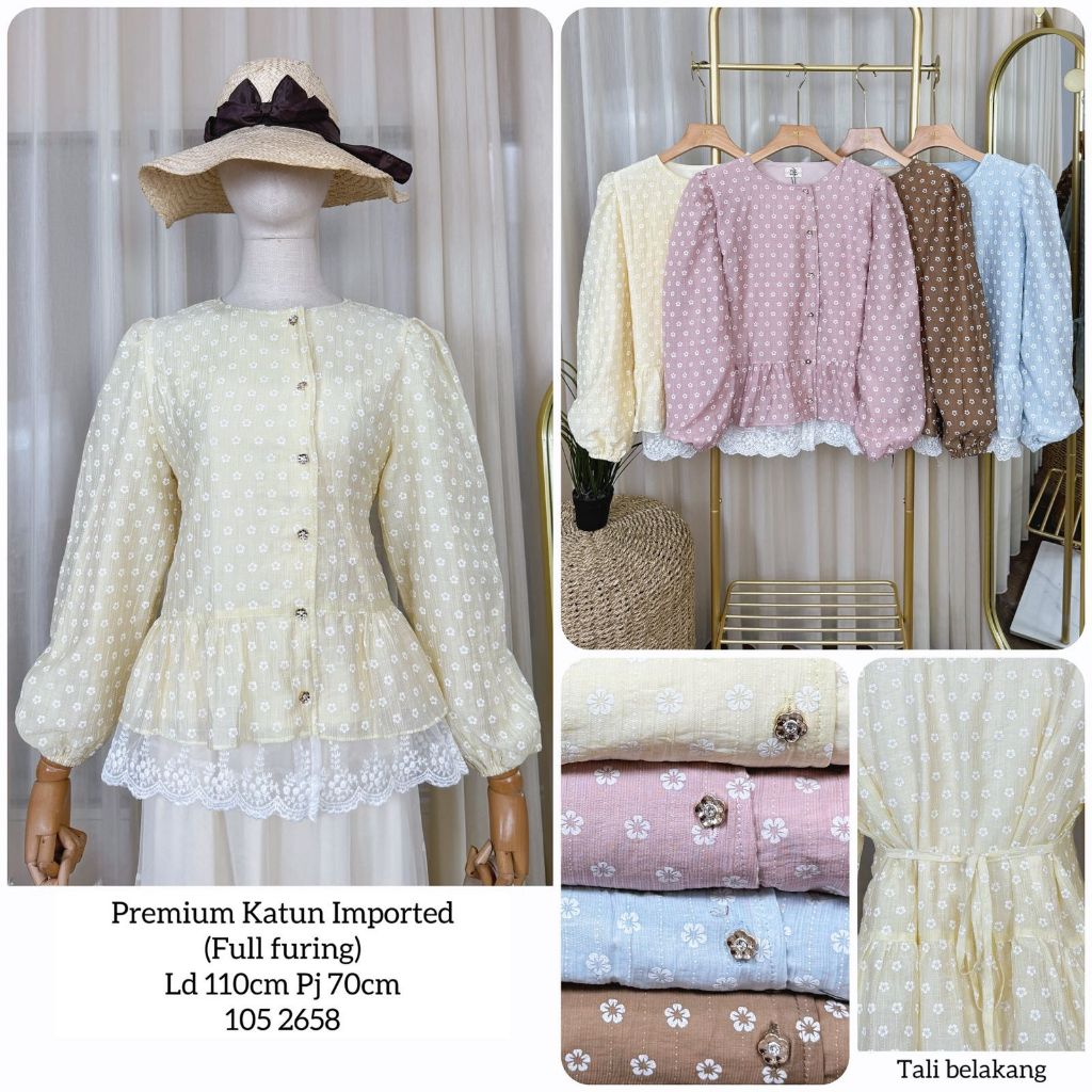 Blouse Renda Motif Bunga Katun lengan Balon