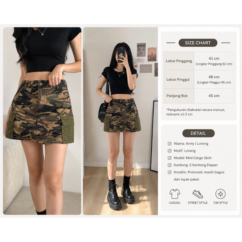 Rok Mini Cargo Army Wanita Motif Loreng Preloved | Rok Casual Kantong Besar