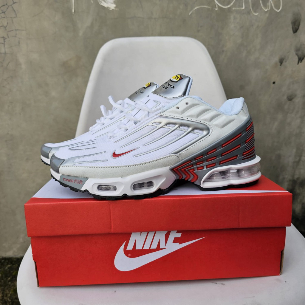 [REAL PICT] Sepatu Nike TN 3 Plus Putih Merah Sneakers Unisex Pria Wanita Original