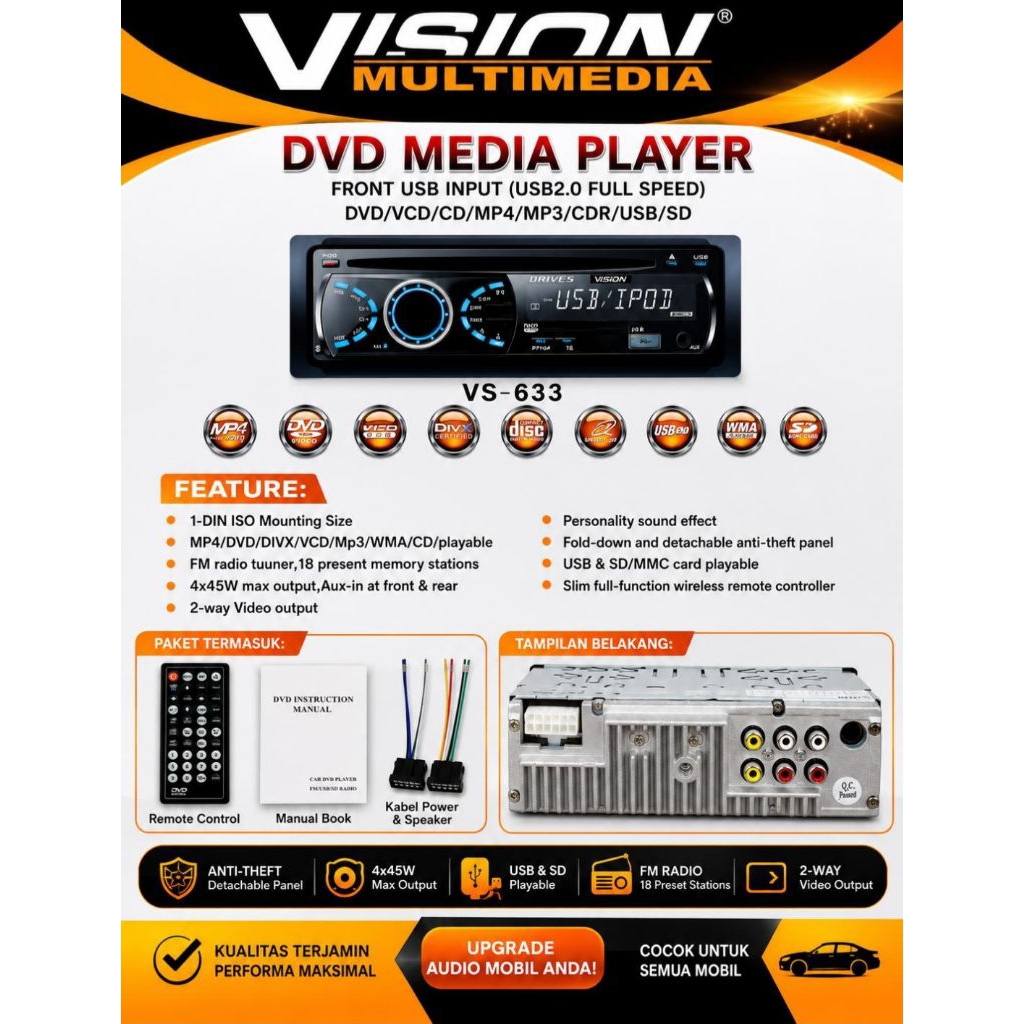Audio Media Player DVD, VCD, CD, MP3, dan MP4. Mobil