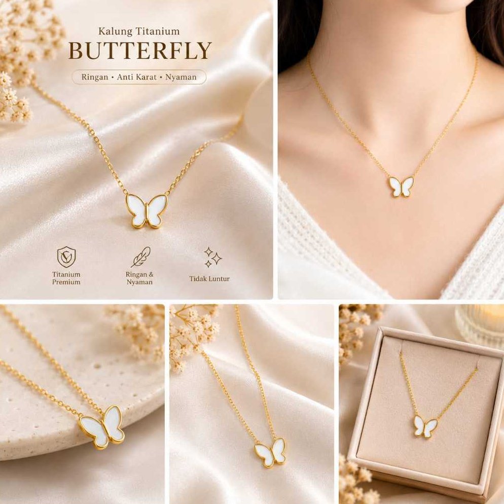 1Set Kalung Titanium Kupu Kupu - Set Kalung Dan Anting titanium Liontin Kupu Putih