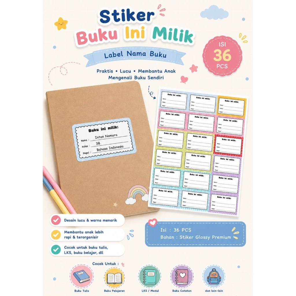 sticker label buku sekolah polos langsung tempel