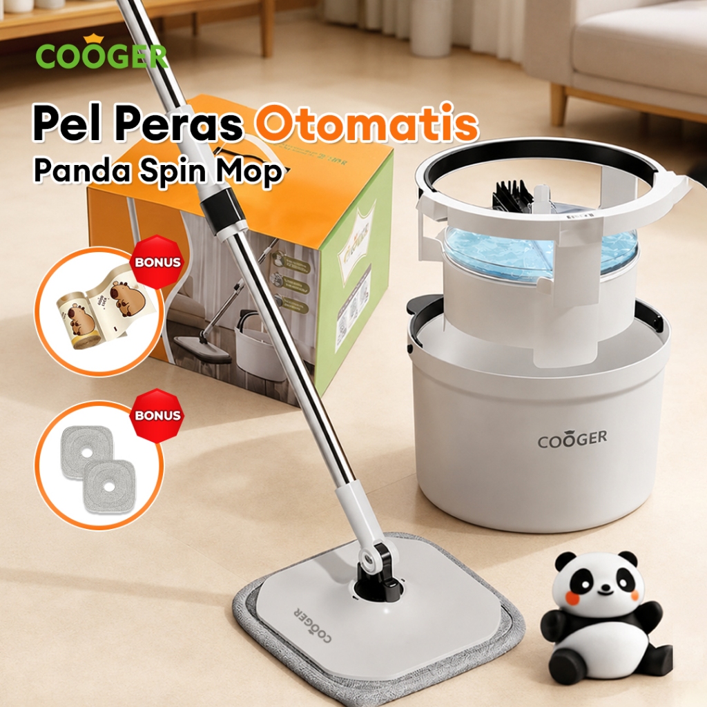 COOGER Alat Pel Lantai Peras Otomatis Air Bersih & Kotor Terpisah Panda Plus Spin Mop Higenis Pel La