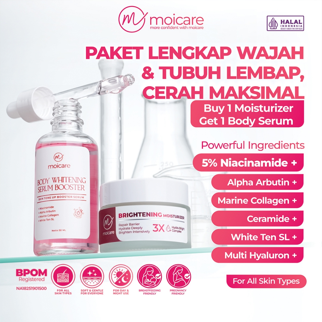Moicare Bundle Pencerah Badan & Wajah - Body Whitening Serum Booster + Brightening Moisturizer | 5% 