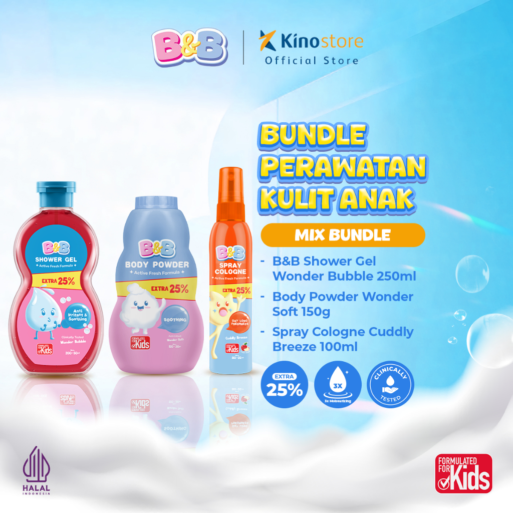 B&B Kids Shower Gel Wonder Bubble 200+50ml + Body Powder Wonder Soft 120+30g + Spray Cologne Cuddly 