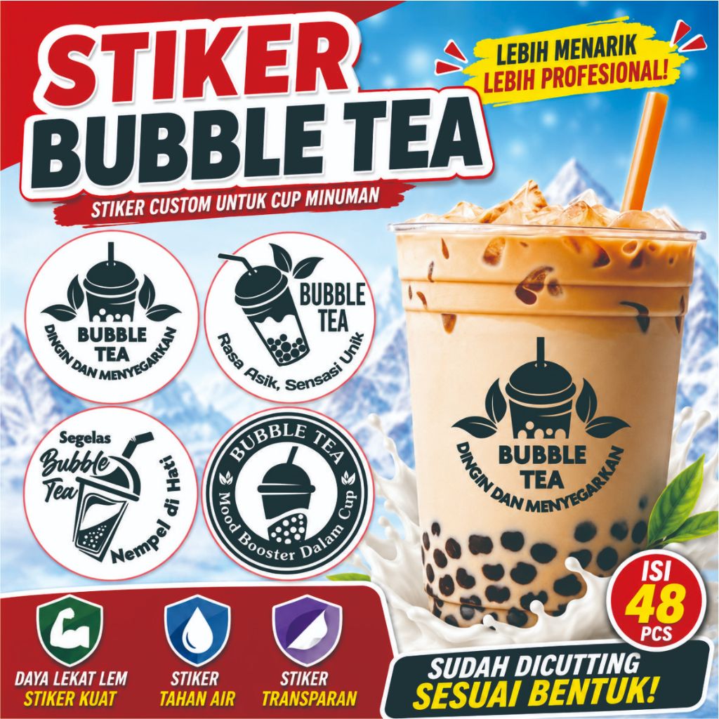 Stiker label cup minuman bubble tea | stiker gelas cup minuman | stiker transparan