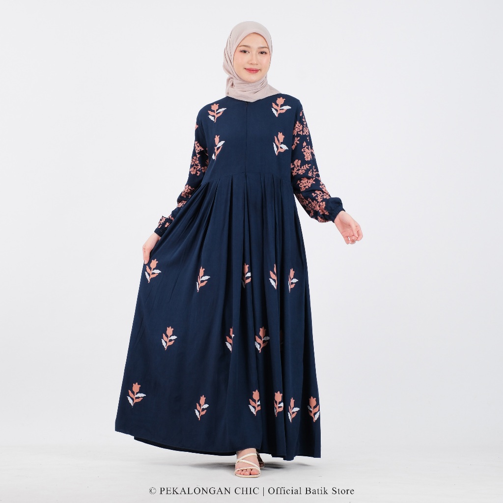 AMRA GAMIS BATIK PEKALONGAN MOTIF NEW AUNTUMN BIRU PREMIUM / GAMIS BAHAN RAYON TWILL ORI / GAMIS PEK