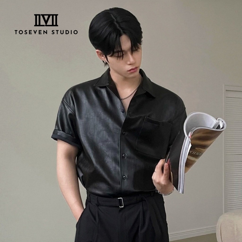 TOSEVEN - Kemeja Kulit Pria Lengan Pendek Oversize Casual Premium Leather Shirt Korean Style - Seong