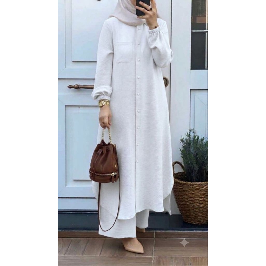 SETELAN kulot long tunik rayon twill full kancing