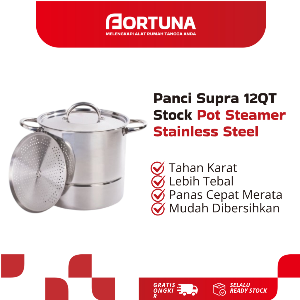 Panci Kukusan Supra 12QT Stock Pot Steamer Stainless Steel Panci Rebus Serbaguna Kapasitas Besar