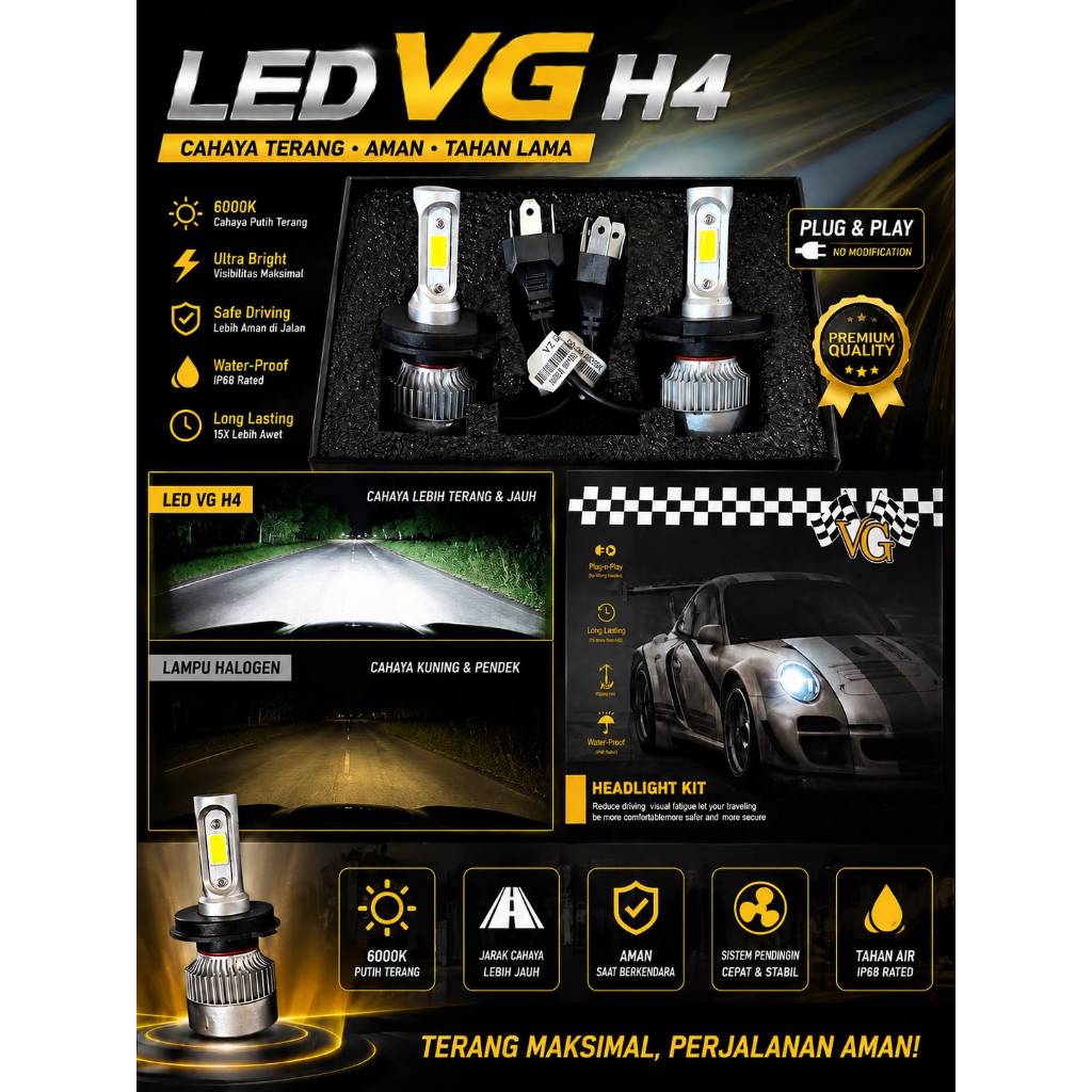 LAMPU LED UTAMA H4 - VG PUTIH 6000K | LED VG H4 6000K PLUG & PLAY