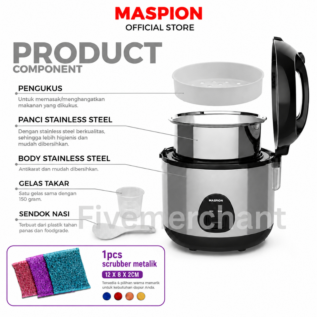 Rice Cooker Maspion MRJ 0623 BSSS Panci Stainless 0,6 Liter Magic Com Penanak Nasi Warmer Steamer Mi