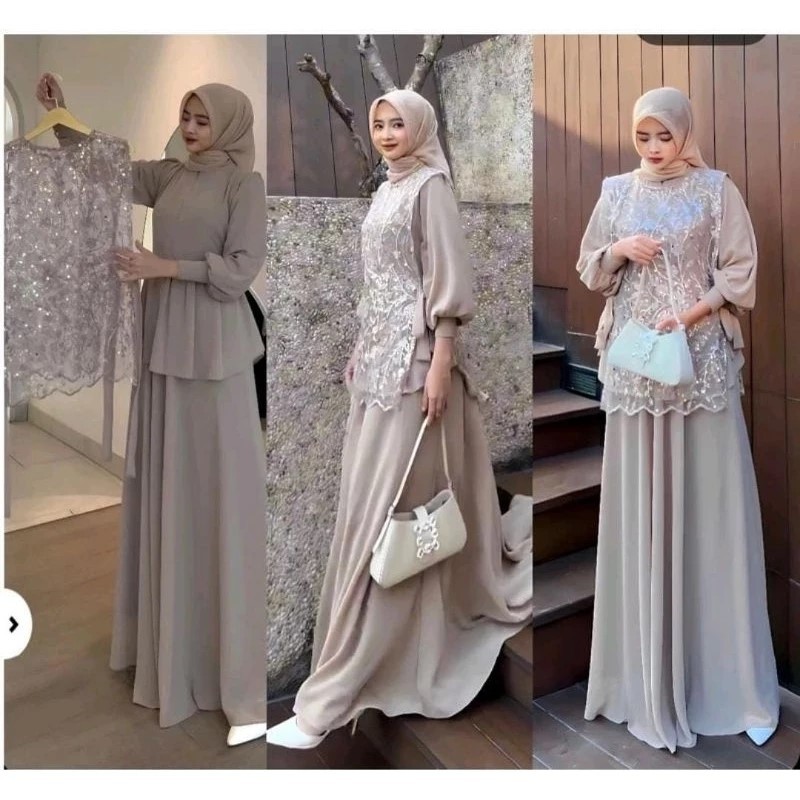 Cintya Set Gamis Wanita Ceruty Elegan Model Brukat Modern Gamis Muslimah Lengan Panjang