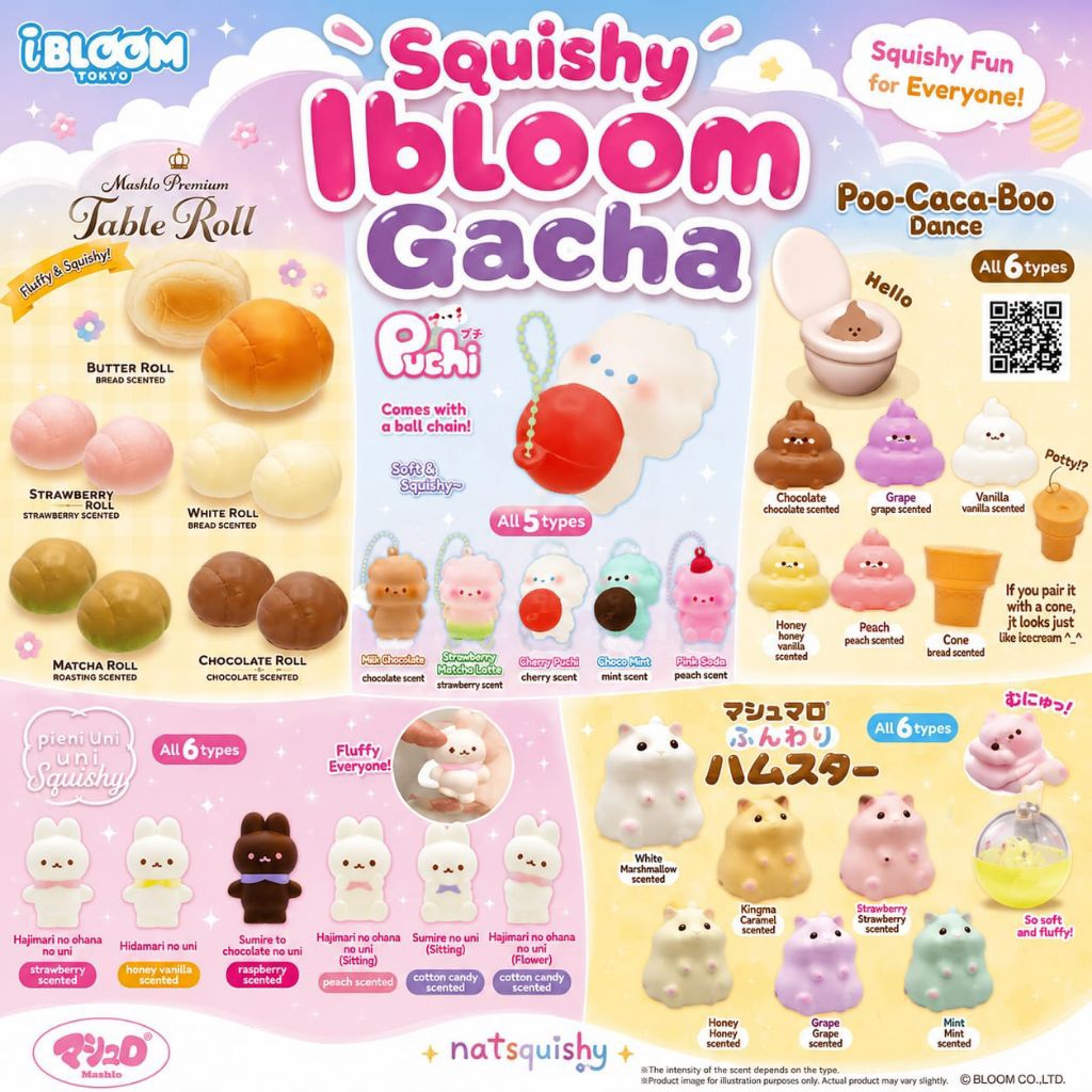 Squishy Ibloom Gacha Series Squishy Ibloom Hamster/Puchi/Bunny/Poop/Table Roll Squishy Soft Slow Ris