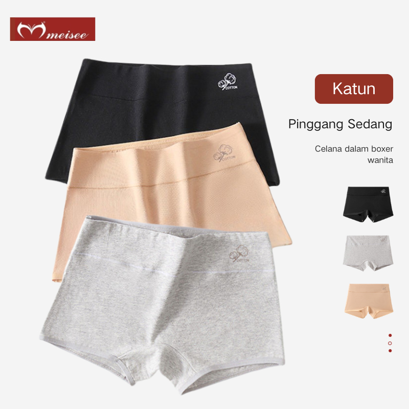 MEISEE 3PCS Celana Dalam Wanita Boyleg Katun CD Wanita Boxer Pinggang Sedang