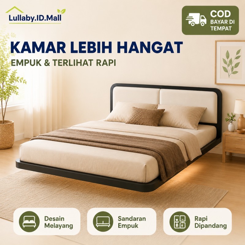 Ranjang Besi Minimalis Sandaran Empuk Dipan Besi Melayang Hitam 100 120 180x204