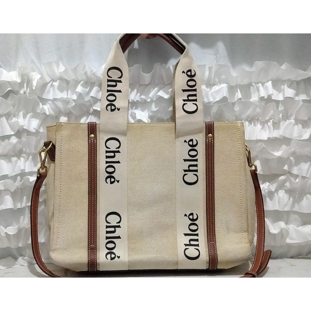 Tas Chloe Woody Tote kanvas linen mix kulit