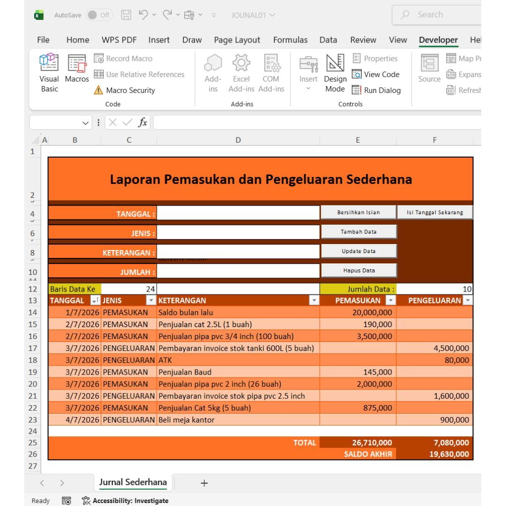 Jurnal Pemasukan Pengeluaran (vba excel)