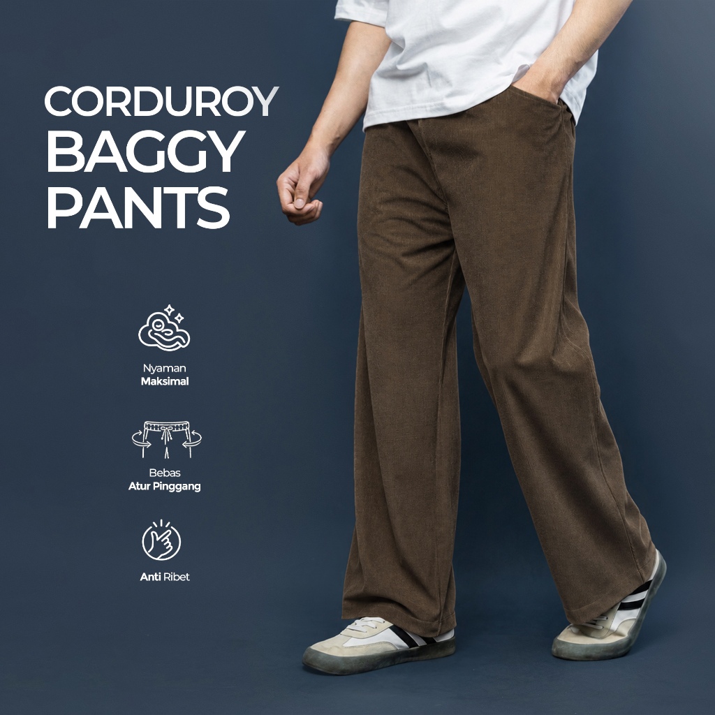 Fatto A Mano Celana Panjang Corduroy Baggy Fit Relax Pants Unisex Dark Brown