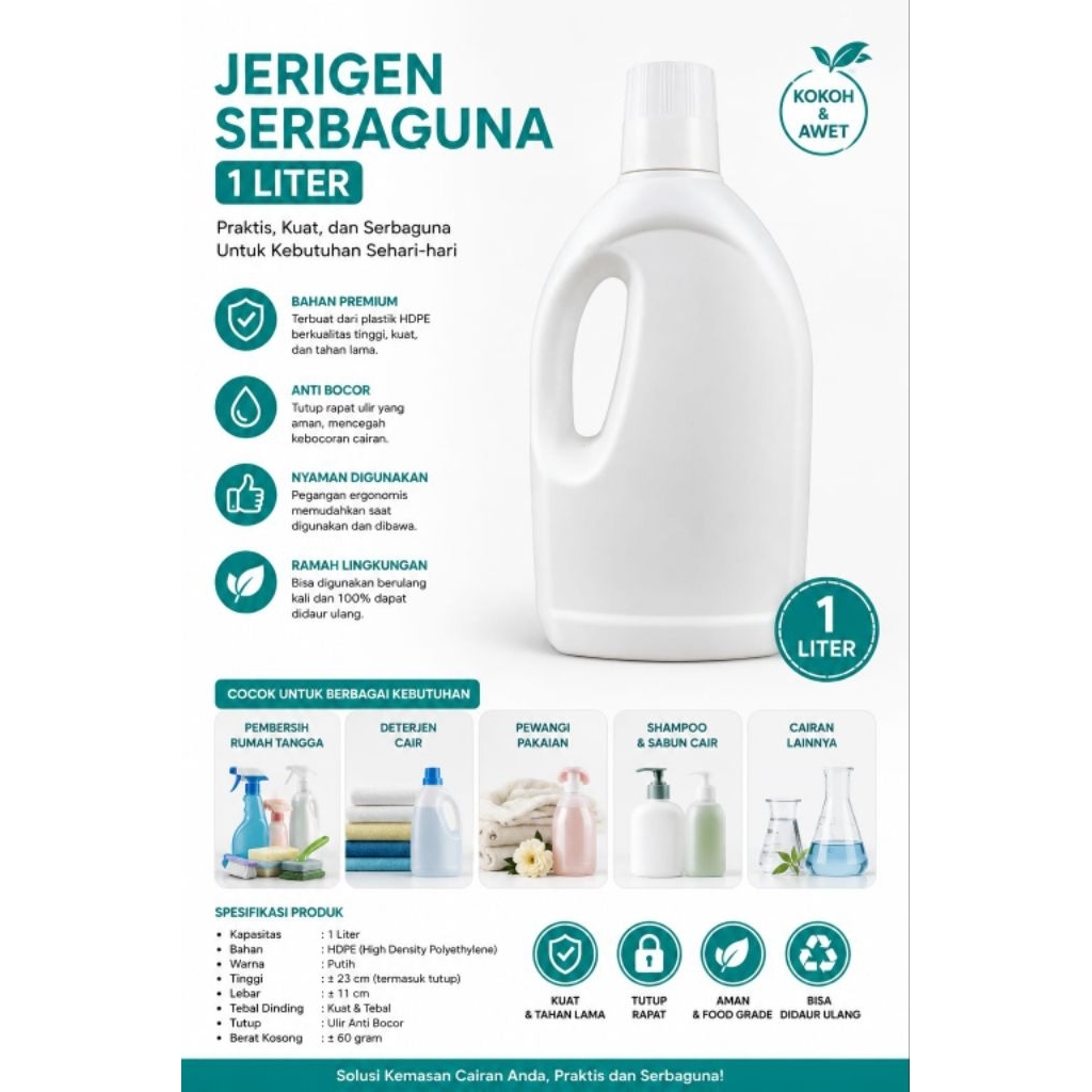 Botol softener 1 liter putih botol 1 liter premium