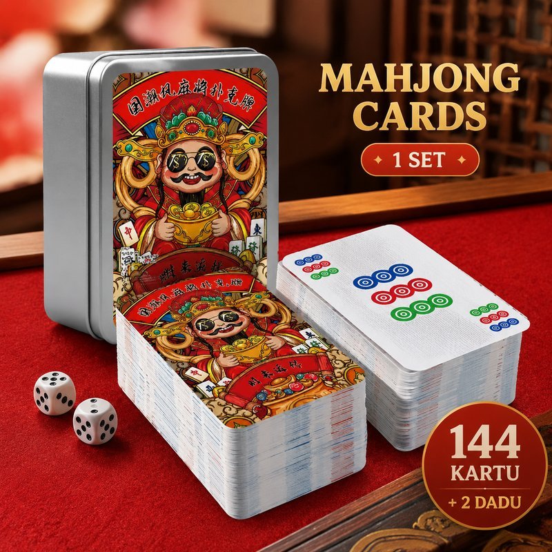 Mahjong Kertas Portable Kartu Mahjong 144 Lembar Kotak Besi Tahan Air Lengkap Dadu Traveling