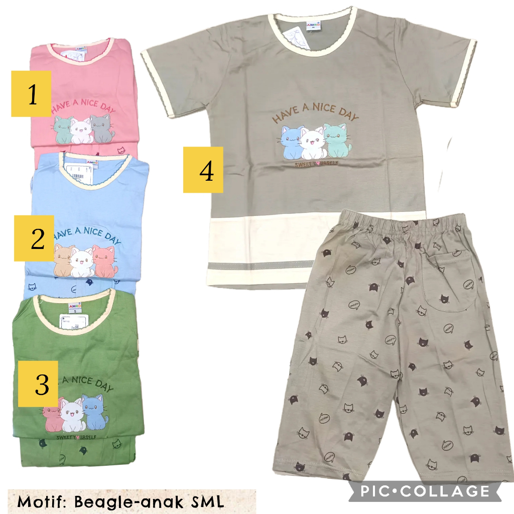 oneset anak size S M L ukuran 3 4 5 6 7 tahun Amro label putih one set piyama pajama setelan baju ti