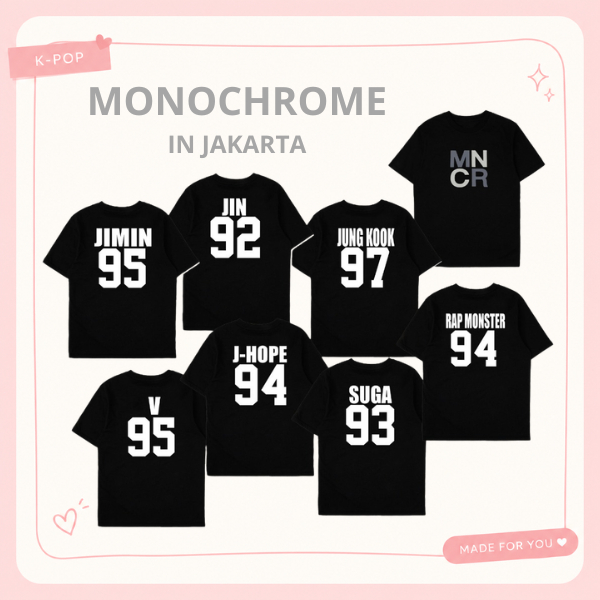 Kaos bts monochrome hitam baju outfit atasan oblong katun kpop korea korean JIN JHOPE JIMIN JUNGKOOK