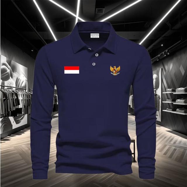 Kaos Pique Kerah Pria Polo Panjang Garuda Motif Print Hitam Lengan Panjang / Baju Seragam Poloshirt 