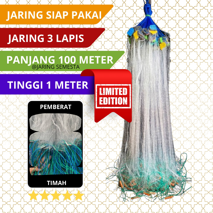 Jaring ikan siap pakai panjang 100m tinggi 1m berkualitas