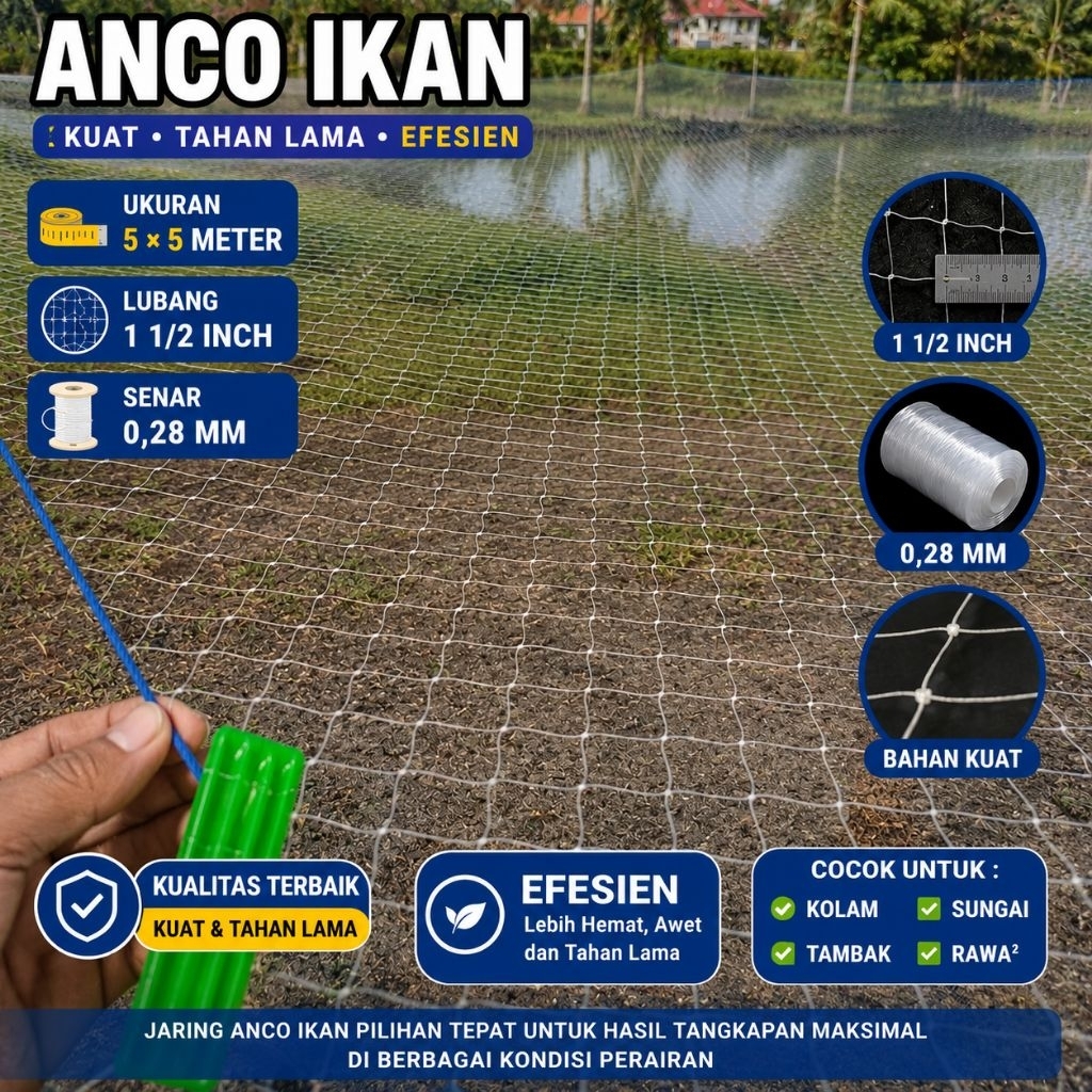 Anco nila dan blanak 5×5 meter lubang 1 1/2 inch senar 0,28mm siap angkat ikan,Branjang ,hancau,tang