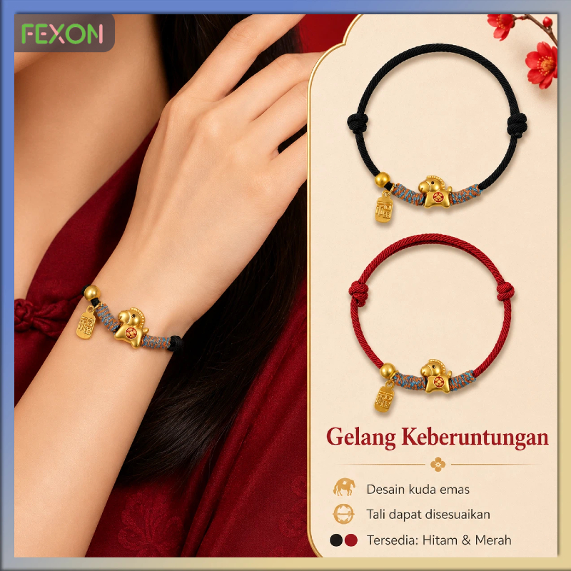 [COD] FEXON Gelang Tali Kuda Keberuntungan - Gelang Anyam Merah & Hitam Adjustable Charm Emas Hoki P