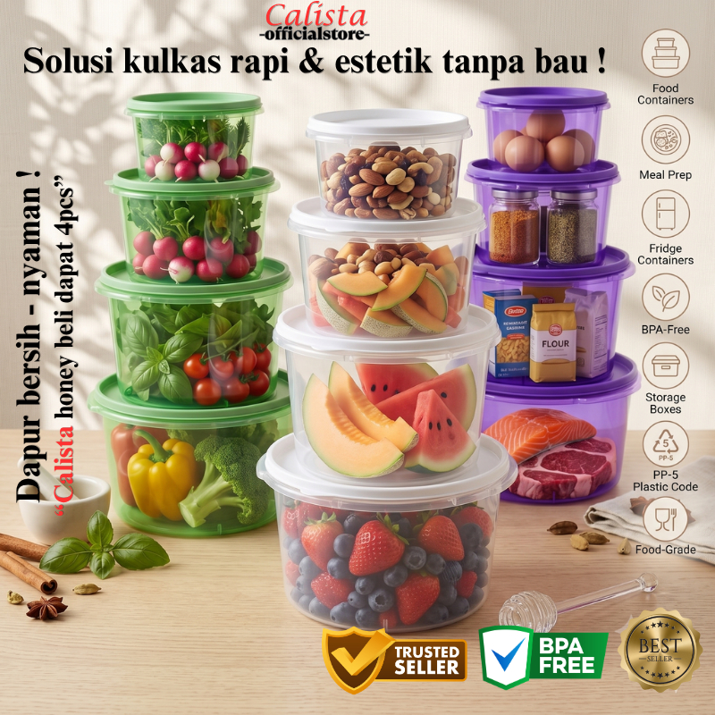 [Bpa Free] Toples Plastik Calista Kulkas Honey Ungu Set Premium 4pcs