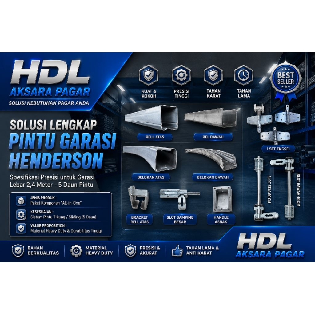 Satu Set Rel Pintu Garasi Henderson // Garasi 2.4 Meter 5 Daun Pintu Type Aksesoris Kupu